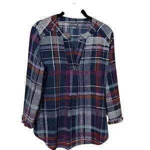Van Heusen Plaid Print 3/4 Sleeve‎ Blouse Top Tunic Casual Career Medium